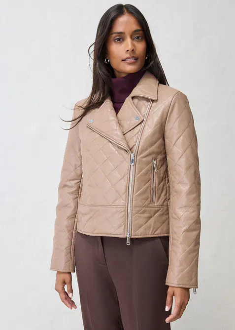 Gesteppte Leder-Biker-Jacke aus Lammnappa in braun von vorne (im Anschnitt) - bonprix