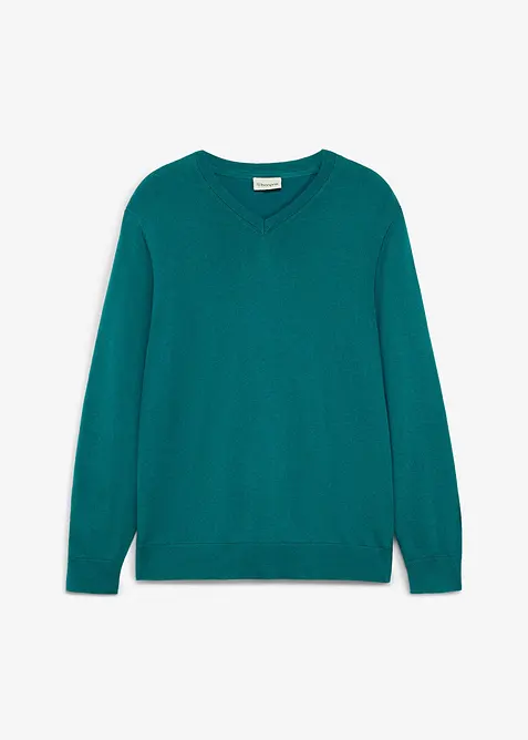 Feinstrickpullover in Regular Fit in petrol von vorne - bonprix