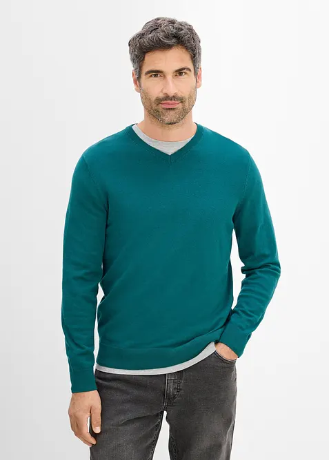 Feinstrickpullover in Regular Fit in petrol von vorne (im Anschnitt) - bonprix