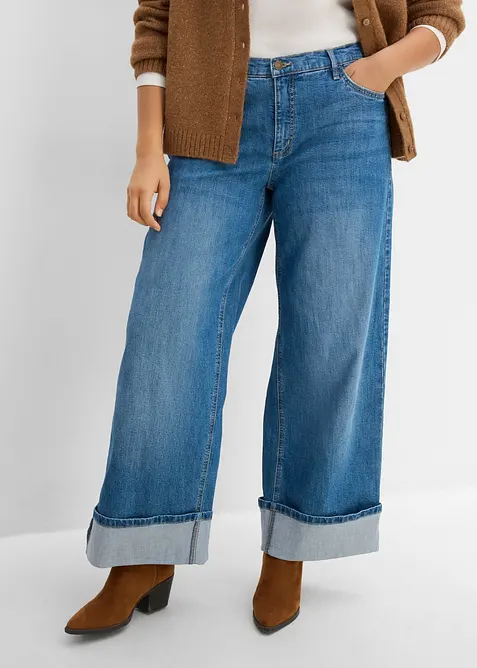 Wide-Leg-Jeans mit Umschlag in blau von vorne - bonprix