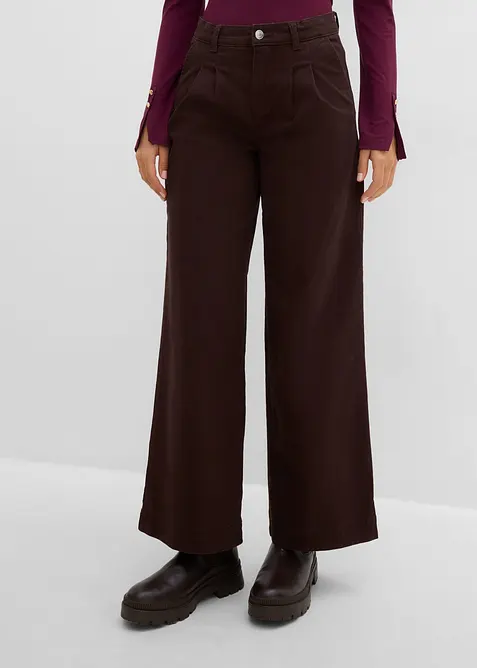 Wide-Leg Bundfalten-Hose mit Bequembund in braun von vorne - bonprix