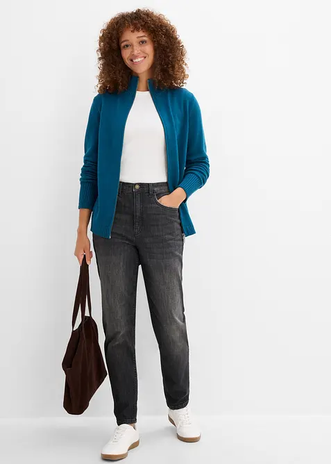 Strickjacke aus reiner Bio-Baumwolle in petrol im Look von vorne (Totalaufnahme) - bonprix