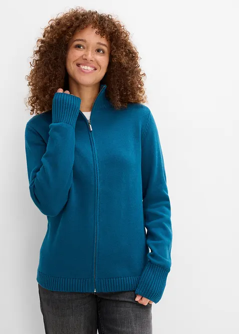 Strickjacke aus reiner Bio-Baumwolle in petrol von vorne (im Anschnitt) - bonprix