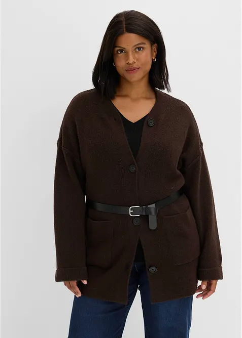 Kurzer Strickmantel mit Gürtel in braun von vorne (im Anschnitt) - bonprix