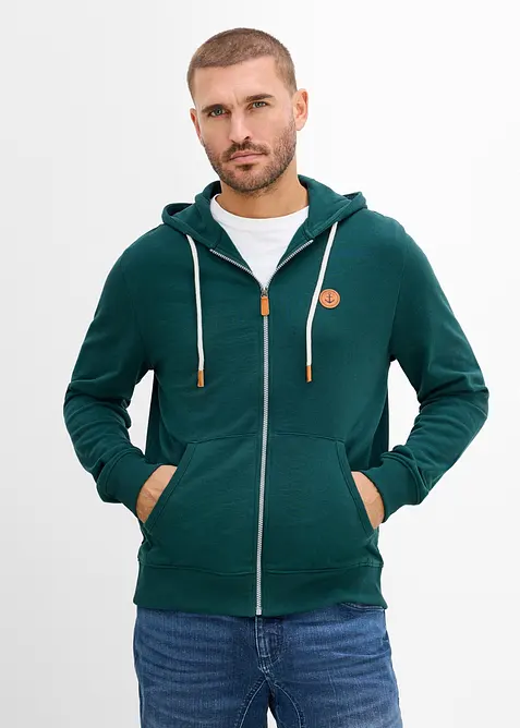 Kapuzen-Sweatjacke mit Lederimitat-Details in grün von vorne (im Anschnitt) - bonprix