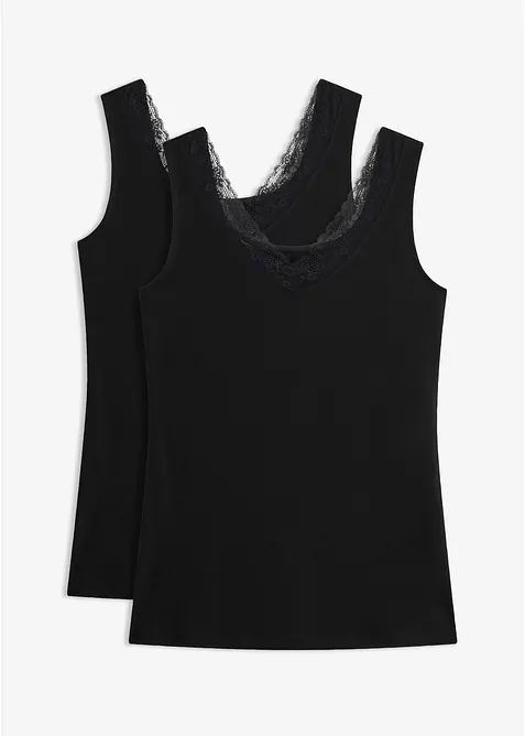 Unterhemd mit Bio-Baumwolle und Spitze (2er Pack) in schwarz von vorne - bonprix