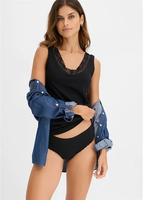 Unterhemd mit Bio-Baumwolle und Spitze (2er Pack) in schwarz im Look von vorne (Totalaufnahme) - bonprix