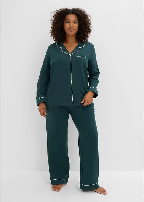 Pyjama aus weicher Baumwolle mit Knopfleiste in petrol von vorne (Totalaufnahme) - bonprix