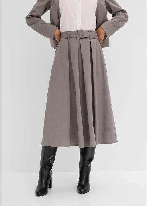 Fischgrat Faltenrock in Wolloptik und Gürtel (2-tlg.Set) in beige von vorne - bonprix