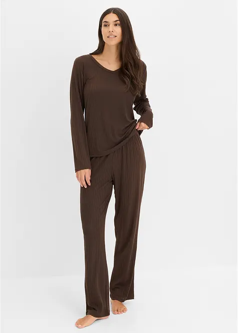 Pyjama aus weichem Pointelle-Jersey in braun von vorne (Totalaufnahme) - bonprix