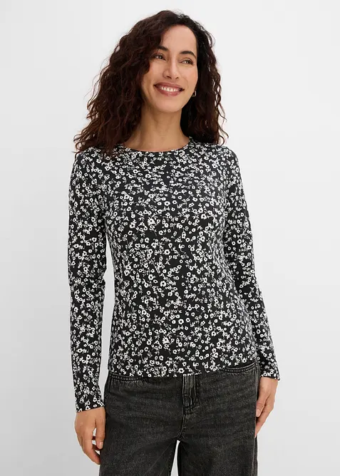 Langarmshirt aus elastischem Baumwoll-Mix (3er Pack) in schwarz von vorne (im Anschnitt) - bonprix