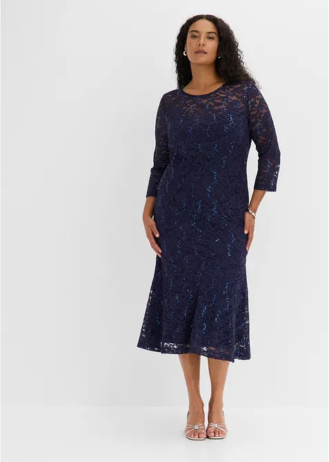 Spitzenkleid mit glänzenden Pailletten in blau von vorne (Totalaufnahme) - bonprix