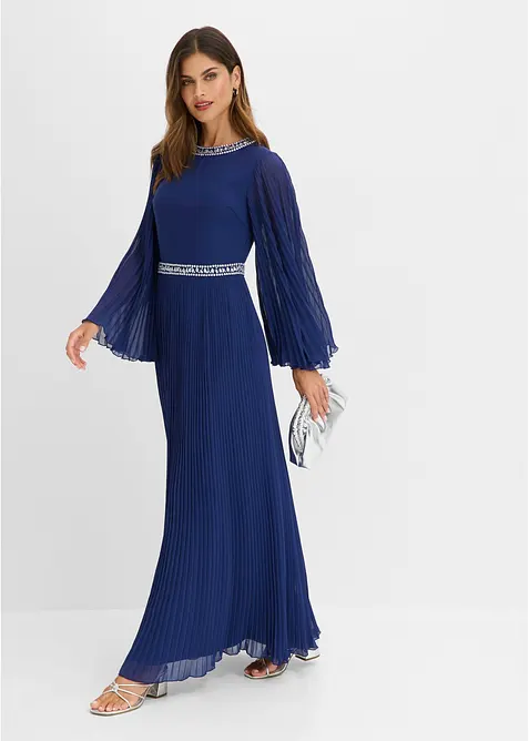 Abendkleid mit Plisseé und Strasssteinverzierung in blau im Look von vorne (Totalaufnahme) - bonprix