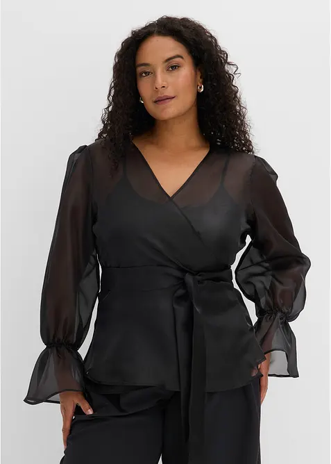 Bluse aus glänzendem Tüll in schwarz von vorne (im Anschnitt) - bonprix