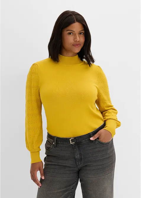 Feinstrickpullover mit Ajour in gelb von vorne (im Anschnitt) - bonprix