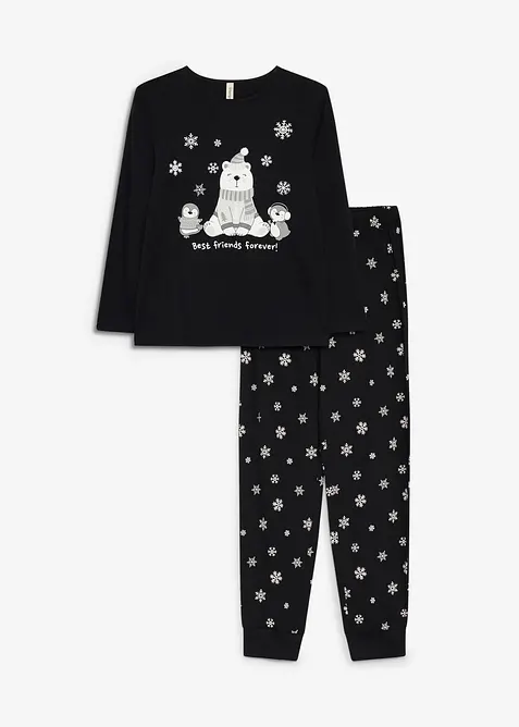 Pyjama aus reiner Baumwolle mit Schlafmaske in schwarz von vorne - bonprix