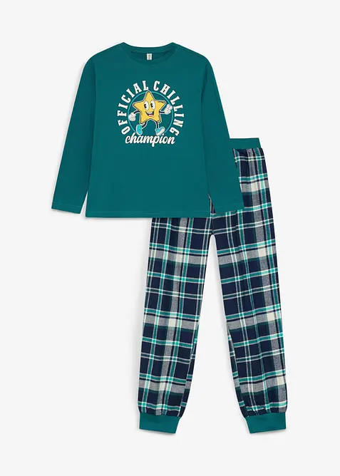 Kinder Pyjama mit Flanellhose (2-tlg. Set) in petrol von vorne - bonprix