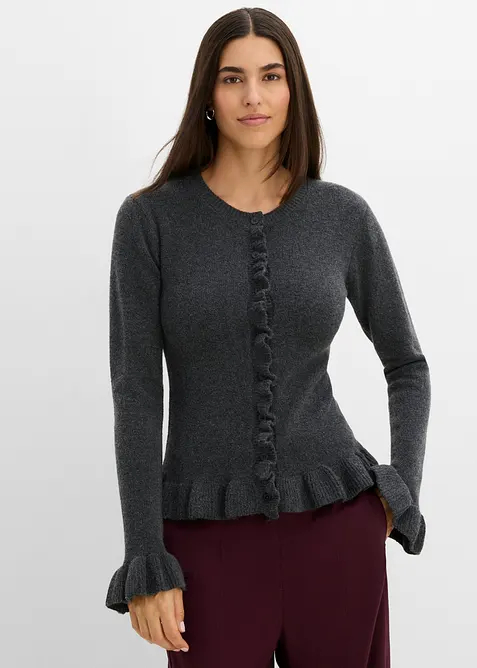 Ajour-Strickjacke in grau von vorne (im Anschnitt) - bonprix