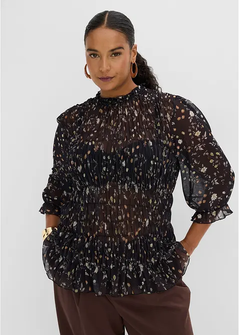 Shirtbluse aus feinem Mesh in schwarz von vorne (im Anschnitt) - bonprix
