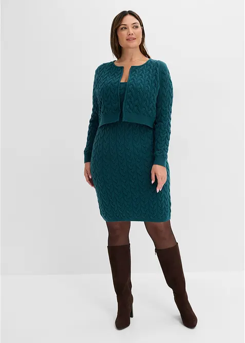 Strickkleid mit angesetztem Bolero - 2 in 1 Optik in petrol von vorne (Totalaufnahme) - bonprix