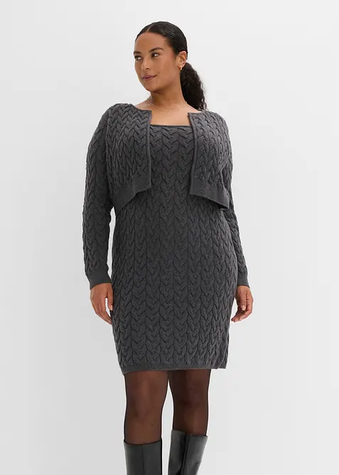 Strickkleid mit angesetztem Bolero - 2 in 1 Optik in grau von vorne (Totalaufnahme) - bonprix