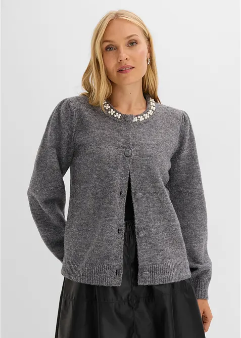 Strickjacke mit Puffärmeln in grau von vorne (im Anschnitt) - bonprix