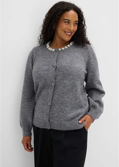 Strickjacke mit Puffärmeln in grau von vorne (im Anschnitt) - bonprix