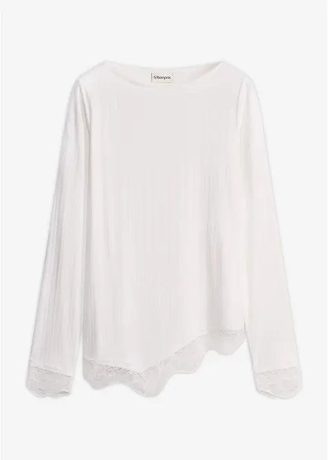 Langarmshirt mit Spitzensaum in weiß von vorne - bonprix