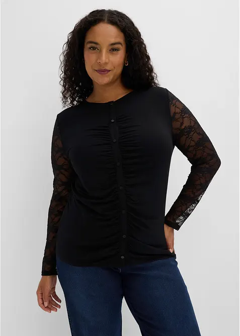 Langarmshirt mit Ärmeln aus Spitze in schwarz von vorne (im Anschnitt) - bonprix