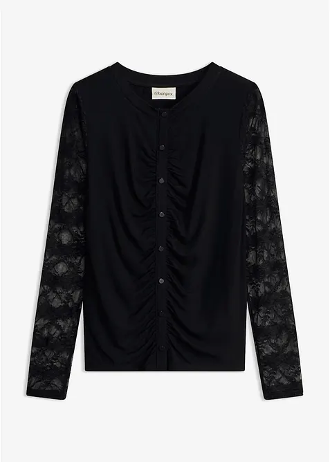 Langarmshirt mit Ärmeln aus Spitze in schwarz von vorne - bonprix