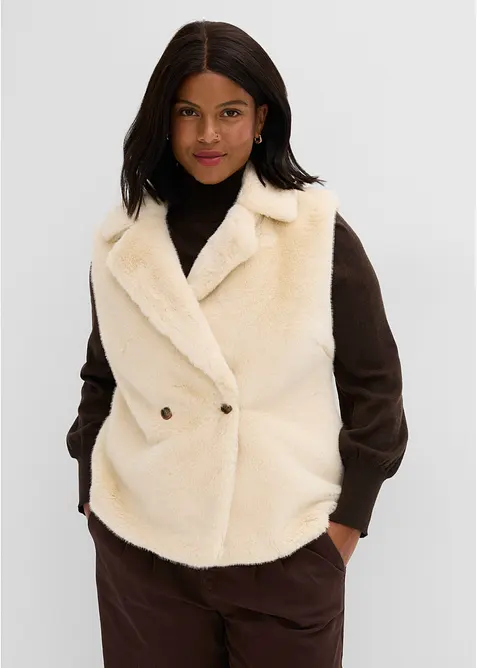 Fellimitat-Weste als Zweireiher in beige von vorne (im Anschnitt) - bonprix