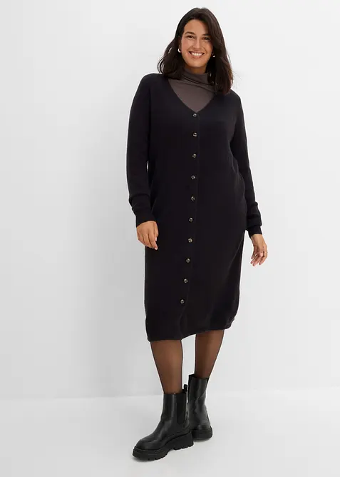 Strickkleid mit Knopfleiste in schwarz von vorne (Totalaufnahme) - bonprix