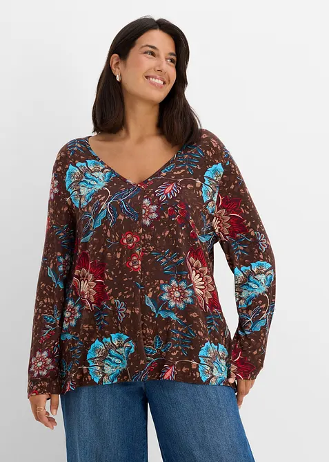 Tunika-Shirt aus fließender Viskose in braun von vorne (im Anschnitt) - bonprix