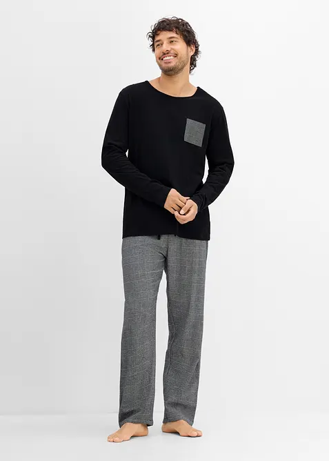Pyjama mit Flanellhose in schwarz von vorne (Totalaufnahme) - bonprix