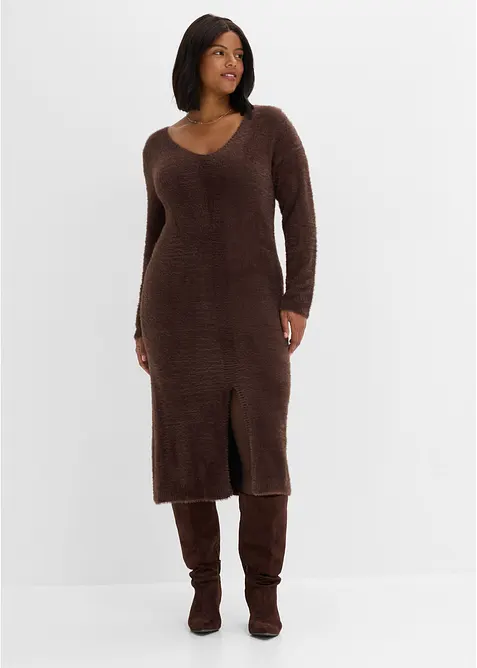 Midi-Strickkleid aus Hairy Knit in braun von vorne (Totalaufnahme) - bonprix
