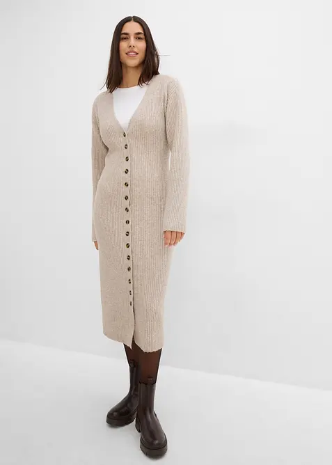 Midi-Strickkleid mit Knöpfen in beige von vorne (Totalaufnahme) - bonprix