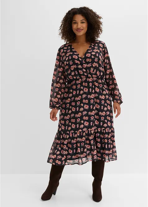 Bedrucktes Midi-Chiffonkleid in schwarz von vorne (Totalaufnahme) - bonprix