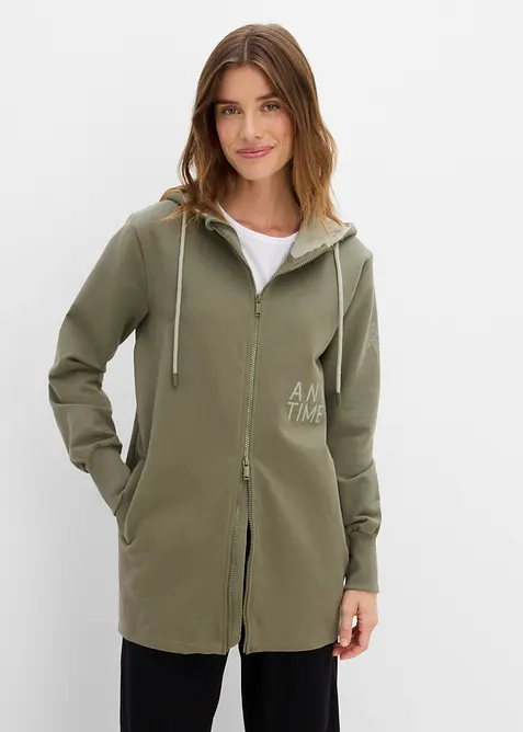 Softe Long-Sweatjacke aus dickem Baumwoll-Mix in grün von vorne (im Anschnitt) - bonprix