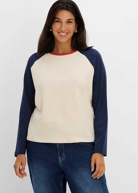 Raglanshirt aus Bio-Baumwoll-Mix in beige von vorne (im Anschnitt) - bonprix