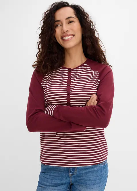 Raglanshirt aus elastischem Bio-Baumwoll-Mix in rot von vorne (im Anschnitt) - bonprix