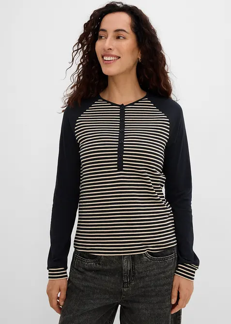 Raglanshirt aus elastischem Bio-Baumwoll-Mix in schwarz von vorne (im Anschnitt) - bonprix