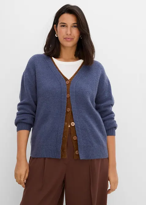 Strickjacke mit Kontrasteinsätzen in blau von vorne (im Anschnitt) - bonprix