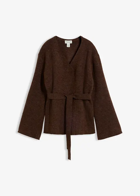 Strickjacke mit Bindegürtel in braun von vorne - bonprix