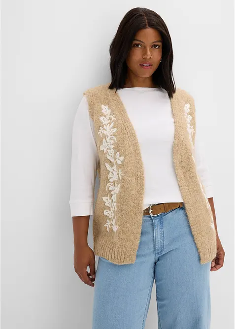 Strickweste mit floraler Stickerei in beige von vorne (im Anschnitt) - bonprix