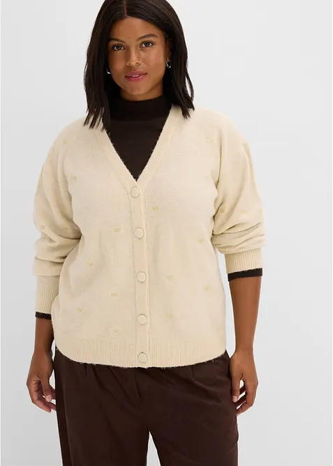 Strickjacke mit Herz-Applikation in beige von vorne (im Anschnitt) - bonprix