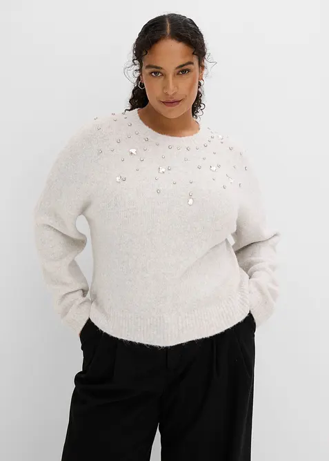 Pullover mit Applikation und Wollanteil in grau von vorne (im Anschnitt) - bonprix