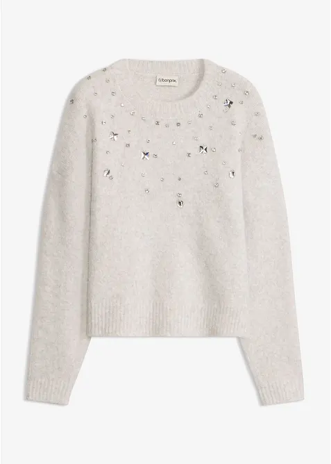 Pullover mit Applikation und Wollanteil in grau von vorne - bonprix
