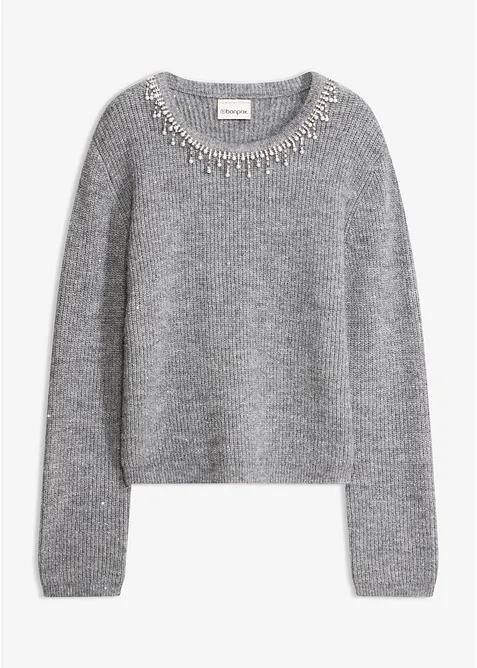 Pullover mit Applikation in grau von vorne - bonprix