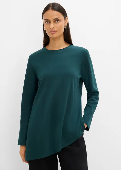 Asymmetrisches Langarmshirt aus reiner Baumwolle in grün von vorne (im Anschnitt) - bonprix