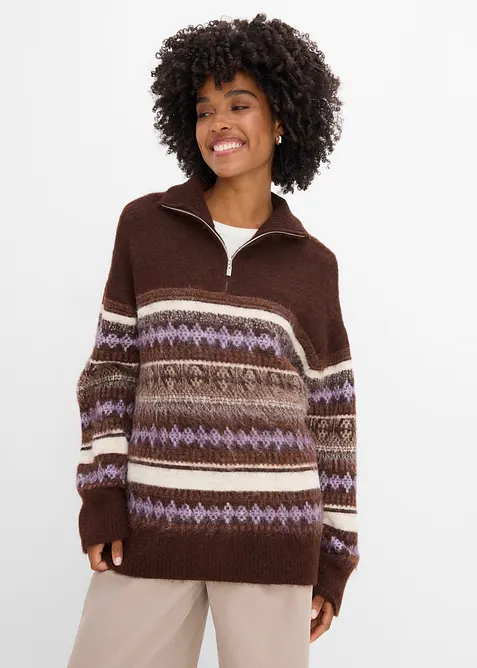 Langer Fair Isle Pullover in braun von vorne (im Anschnitt) - bonprix